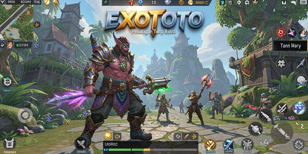 Screenshot EXOTOTO menampilkan pertarungan epik dalam dunia MMORPG.