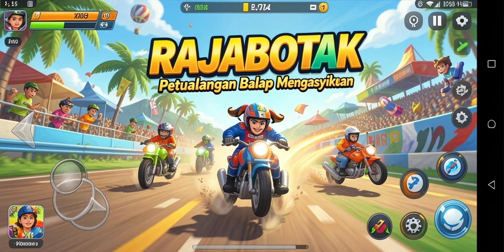 Screenshot gameplay RAJABOTAK menampilkan balapan seru dan kendaraan cepat.