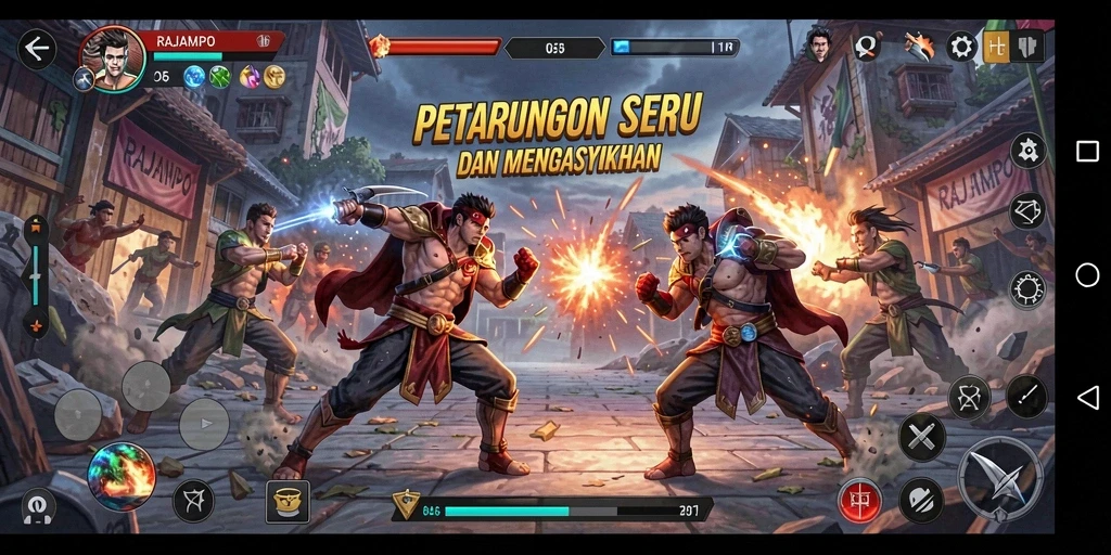 Tampilan gameplay RAJAMPO yang menegangkan dalam arena pertarungan.