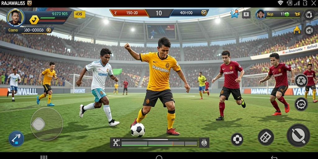 Tampilan gameplay menarik dari RAJAWALI55 dengan aksi sepak bola yang seru.