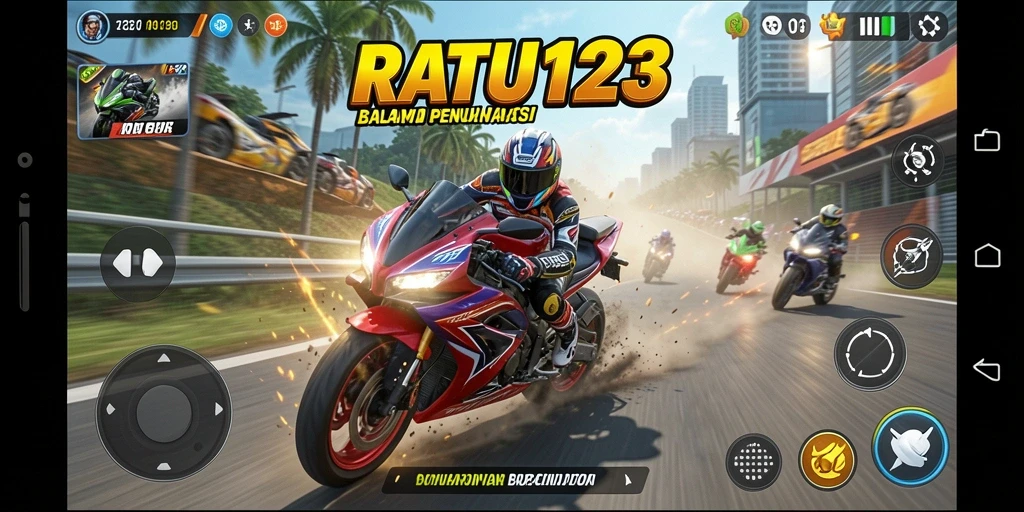 Tampilan gameplay seru dengan motor balap di lintasan.