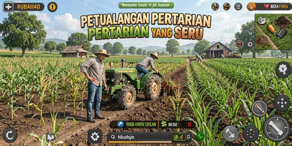 Screenshot gameplay RUBAH4D menampilkan ladang pertanian yang luas dan berwarna.