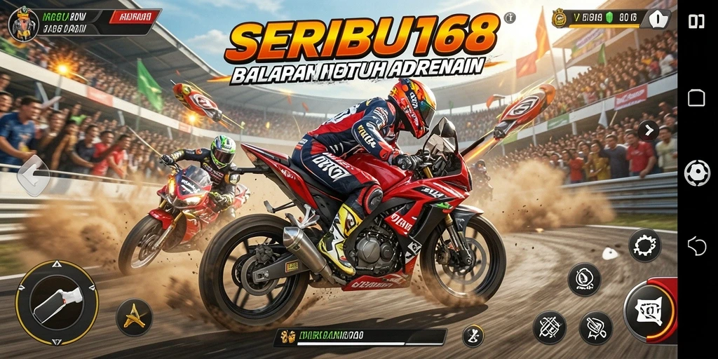 Tangkapan layar permainan SERIBU168 menampilkan suasana balapan motor yang mendebarkan.