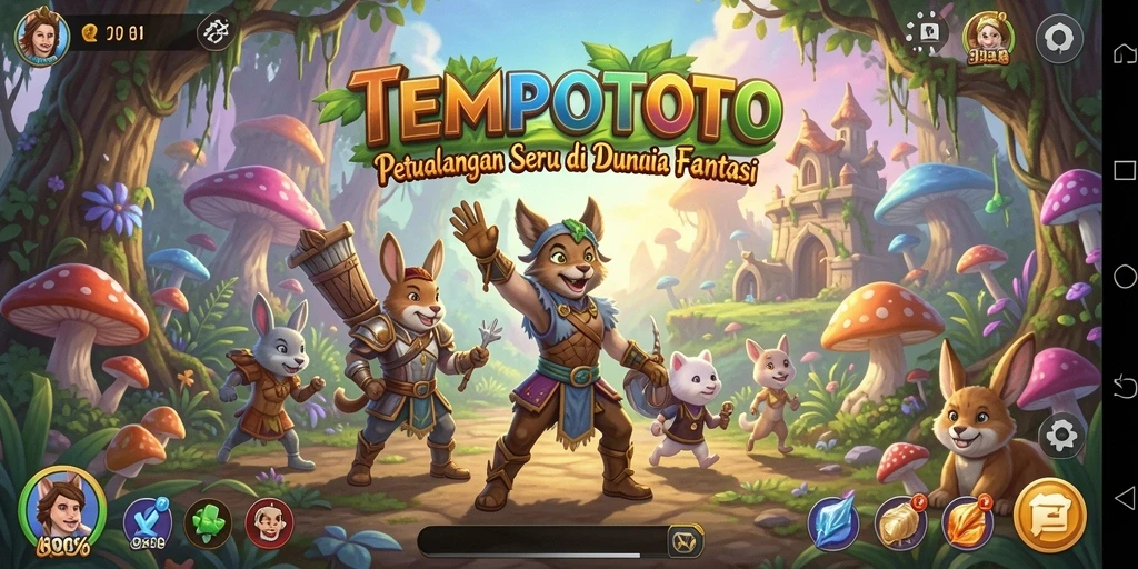 Screenshot TEMPOTOTO menampilkan karakter bertarung dalam pertempuran epik.