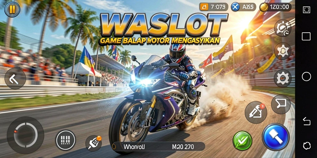 Tampilan gameplay menegangkan dari WASLOT dengan balapan motor yang mendebarkan.